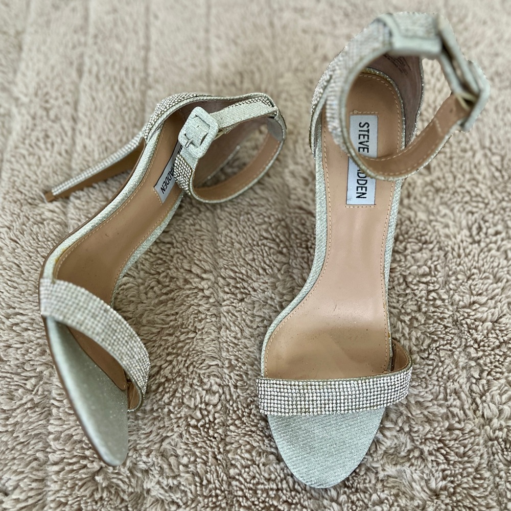 Steve Madden Heeled Sandal Silver Rhinestoned Strappy Ankle Strap Spike Heel 8 - Picture 8 of 16